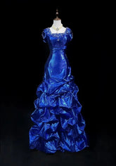 Vintage Prom Dresses 1960s Mermaid Square Neck Royal Blue Organza With Beaded Long Prom Gown N3116