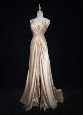 Vintage Prom Dresses Inspo A Line V Neck Gold Satin Long 1990s With Beading Formal Gowns N3347