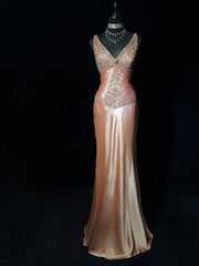 Modest Prom Dresses Inspo Mermaid V Neck Pink Satin With Beading For Women Formal Dress N3244