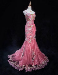 Beautiful Prom Dresses Mermaid Spaghetti Strap Pink With Flowers Beading Long Evening Outfits N3318