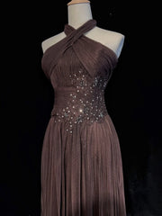 Vintage Prom Dresses Inspo A Line Halter Chocolate Chiffon Long 1990s With Beading Formal Gowns N3339
