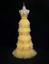 Vintage Prom Aesthetic Dresses A line Square Neck Yellow Tiered Layers With Beading Long Formal Dress N3060
