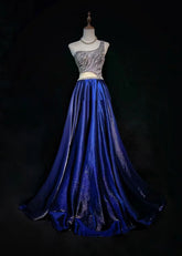 Simple Prom Dresses A line One Shoulder Royal Blue Floor Length Beaded Formal Evening Dress N3688