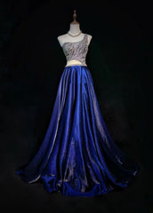 Simple Prom Dresses A line One Shoulder Royal Blue Floor Length Beaded Formal Evening Dress N3688
