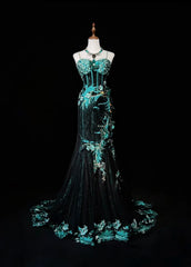 Vintage Prom Dresses Inspo Mermaid Spaghetti Strap Black Tulle Blue Lace With Beading For Women Formal Dress N3216