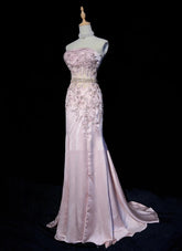Vintage Prom Dresses 80s Mermaid Strapless Pink Satin Applique Long Formal Evening Outfits N3480