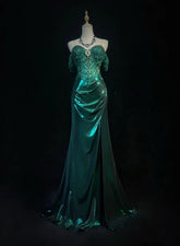 Modest Prom Dresses Inspo Mermaid Off The Shoulder Dark Emerald Green Slit Lace 80s Long Formal Gowns N3389