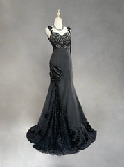 Vintage Prom Dresses Inspo Mermaid Spaghetti Strap Black Long 1990s With Beaded Appliqued Formal Gowns N3378