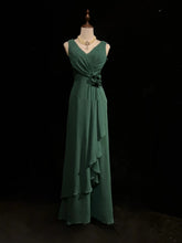Simple Prom Dresses A line V Neck Dark Green Chiffon Floor Length Ruffled Formal Evening Dress N3686