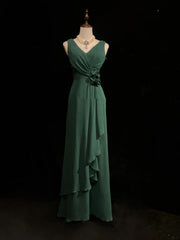 Simple Prom Dresses A line V Neck Dark Green Chiffon Floor Length Ruffled Formal Evening Dress N3686
