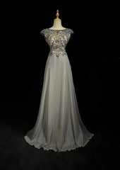 Vintage Prom Dresses 80s A Line Scoop Grey Sleeveless Chiffon With Beading Semi Formal Evening Outfits N3615