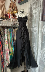 Vintage Mermaid Spaghetti Straps Black Chiffon Long Evening Gowns Formal Birthday Dress Prom Dresses N1729