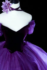 Modest Prom Dresses Ball Gown Off The Shoulder Purple Tulle With Sleeves Long Quince Dress N2966