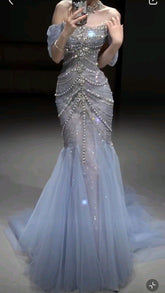Blue Mermaid Off The Shoulder With Silver Beadings Long Prom Dress Party Gowns AB1683