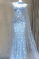 Blue Mermaid Prom Dress Aesthetic Sweetheart Tulle Long Formal Evening Dresses AB1664