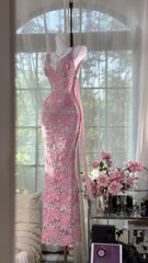Modest Prom Dresses Mermaid Spaghetti Strap Pink Lace Sleeveless Backless Long Evening Outfits N3568