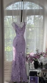 Modest Prom Dresses Mermaid Cowl Neck Lilac Floral Chiffon Sleeveless Evening Outfits N3582