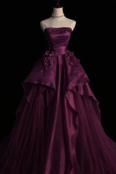 Modest Ball Gown Strapless Grape Tulle Long Prom Dresses Senior Graduation Dance Evening Outfits N035