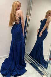 Sparkly Navy Beaded Mermaid Backless Long Prom Dress AB1704