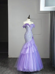 Chic Mermaid Off The Shoulder Lilac Tulle Long Formal Fancy Prom Evening Dress Dinner Outfits Party Gowns For Teens Girls AB2164
