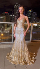 Classy Mermaid Spaghetti Straps Gold Sequin Inspo For Black Women Girls Formal Party Gowns Long Prom Dresses AB1779