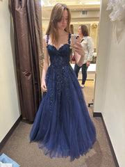 Glitter A Line Spaghetti Straps Navy Blue Tulle Inspo Formal Party Gowns Long Prom Dresses AB1744