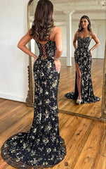 Chic Mermaid Spaghetti Straps Black Sleeveless Prom Dress Long With Lace N2123