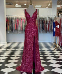 Sparkly Mermaid Spaghetti Strap Fuchsia Sequin With Split Long Formal Dress Gown Party Prom Dresses N2396