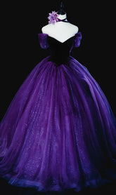 Modest Prom Dresses Ball Gown Off The Shoulder Purple Tulle With Sleeves Long Quince Dress N2966