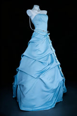 Modest Prom Dresses Ball Gown Strapless Blue Satin With Ruffled Long Quince Dress N3049