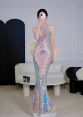 Modest Mermaid Halter Sequin Long Prom Dresses High School Teens Senior Graduation Dance Party Outfits AB2525