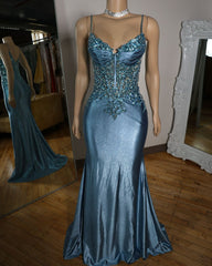 Blue Mermaid Spaghetti Straps Satin Long Appliques Sequin Prom Dress AB1695
