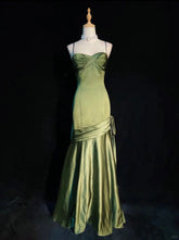 Stunning Chic Mermaid Spaghetti Strap Dark Green Satin With Pleated Formal Dress Long Prom Dresses N2823