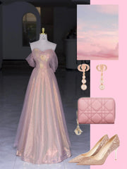 Modest Prom Dresses A Line Off The Shoulder Pink Tulle With Sleeves Long Formal Dress N2982