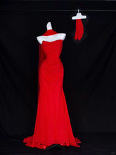 Romantic Mermaid Strapless Red With Scarf Tulle Formal Dress Long Prom Dresses N2827