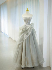 Elegant Ball Gown Strapless Gray With Appliqued Tulle Long Formal Dress Birthday Prom Dresses N2854