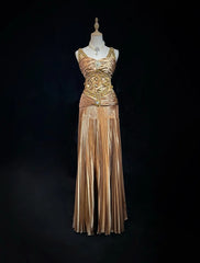 Vintage Prom Dresses Inspo A line V Neck With Gold Ruffled Beading For Women Formal Dress N3235