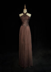 Vintage Prom Dresses Inspo A Line Halter Chocolate Chiffon Long 1990s With Beading Formal Gowns N3339
