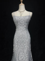 Dreamy 90s Prom Dresses Mermaid Spaghetti Strap Grey With Lace Formal Evening Outfits N3829