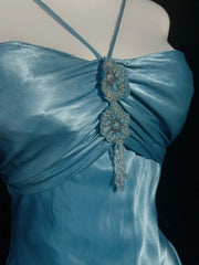 Modest Prom Dresses Mermaid Halter Blue Satin Sleeveless With Ruffled Formal Evening Dress N3828