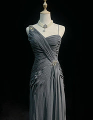 Simple Prom Dresses Mermaid Spaghetti Strap Grey Chiffon Floor Length Ruffled Formal Evening Dress N3685