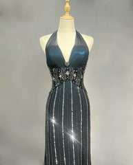 Vintage Prom Dresses 1980s Mermaid Halter Black Chiffon With Beaded Long Prom Gown N3122