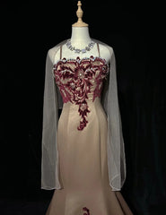 Princess Prom Dresses Mermaid Spagehtti Strap Champagne With Burgundy Embroidery Evening Long Dress N3291
