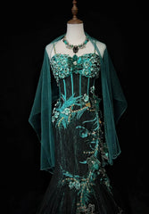 Vintage Prom Dresses Inspo Mermaid Spaghetti Strap Black Tulle Blue Lace With Beading For Women Formal Dress N3216