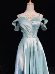Elegant Chic Prom Dresses A line Spaghetti Strap Light Sky Blue Satin With Sleeves Semi Formal Evening Gowns N3800