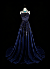 Vintage 1780s A line Sweetheart Navy Blue Tulle Sleeveless With Beadings Long Prom Dresses N1589