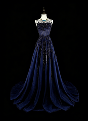 Vintage 1780s A line Sweetheart Navy Blue Tulle Sleeveless With Beadings Long Prom Dresses N1589