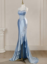 Vintage Sky Blue Applique Sequin Sheath Sweetheart Satin Evening Gown Spaghetti Strap Party Dress Slit Ruffled Long Formal Dress AB1678