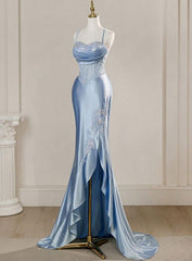Vintage Sky Blue Applique Sequin Sheath Sweetheart Satin Evening Gown Spaghetti Strap Party Dress Slit Ruffled Long Formal Dress AB1678