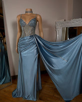 Blue Mermaid V-Neck Satin Long Appliques Sequin Prom Dress With Slit AB1680